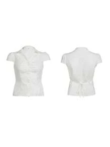 Women's Button Down Shirts Cap Sleeve Lapel Collar Tie Back Slim Fit Tops Summer Shirts - trắng - Xem 5