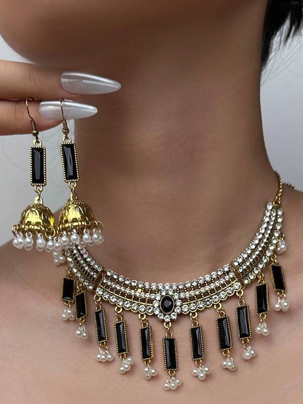 Conjunto de joias retrô 3 peças/conjunto para mulheres: 1 colar com pingente de strass brilhante (azul/rosa/preto/verde), 1 par de brincos retangulares com pérolas falsas, presentes perfeitos para uso diário ou Natal