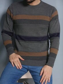 Men's Knitted Sweater Coat Sweater Cold Weather Round Neck Long Sleeve Wool Blouse - Màu xám đen - Xem 1