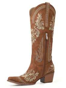 Embroidery Cowgirl Western Boots Chunky Heels Zip Retro Luxury Casual Mid Calf Red Women Ridding Shoes - màu nâu - Xem 3