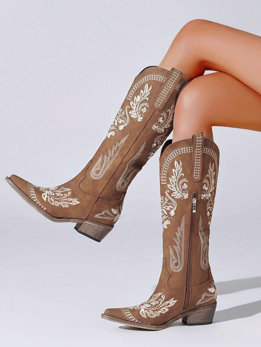 Embroidery Cowgirl Western Boots Chunky Heels Zip Retro Luxury Casual Mid Calf Red Women Ridding Shoes - màu nâu - Xem 1