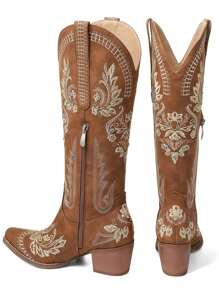 Embroidery Cowgirl Western Boots Chunky Heels Zip Retro Luxury Casual Mid Calf Red Women Ridding Shoes - màu nâu - Xem 2