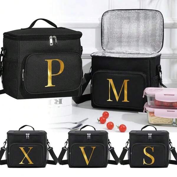 Insulated Lunch Box Bag Shoulder Canvas Bags Thermal LunchBox Initial Name A To Z Gold Letter Printing Large Capacity Tote Bag For Women's Portable Work Food Storage Handbags Cooler Box For Office School Picnic Camping TravelLunch BagWomanFor Women LadiesSchool Supplies Stuff Accessories