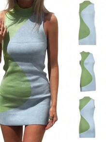 Womens Summer Sleeveless Knitted Dress Fashion Contrast Color Round Neck Tight Short Dress - Verde - Ver 1