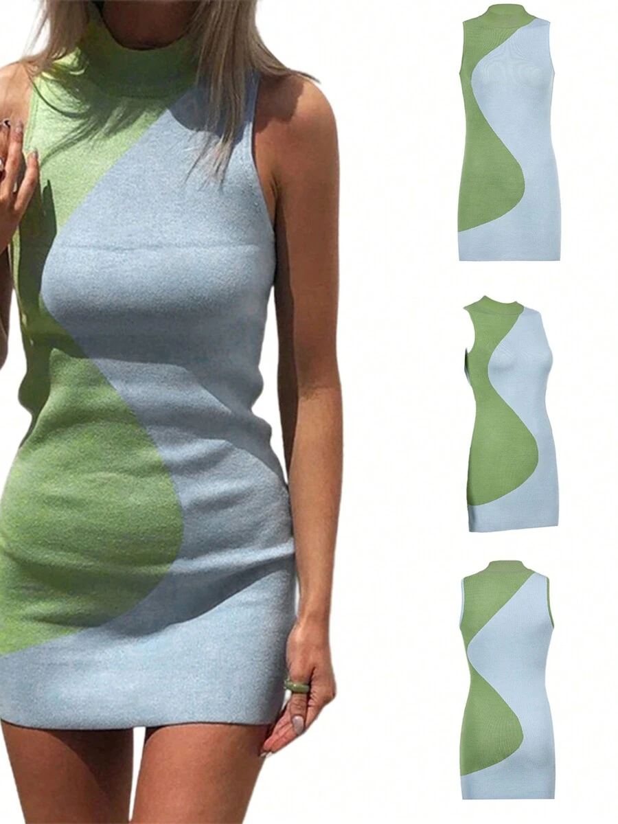 Womens Summer Sleeveless Knitted Dress Fashion Contrast Color Round Neck Tight Short Dress - Verde - Ver 1
