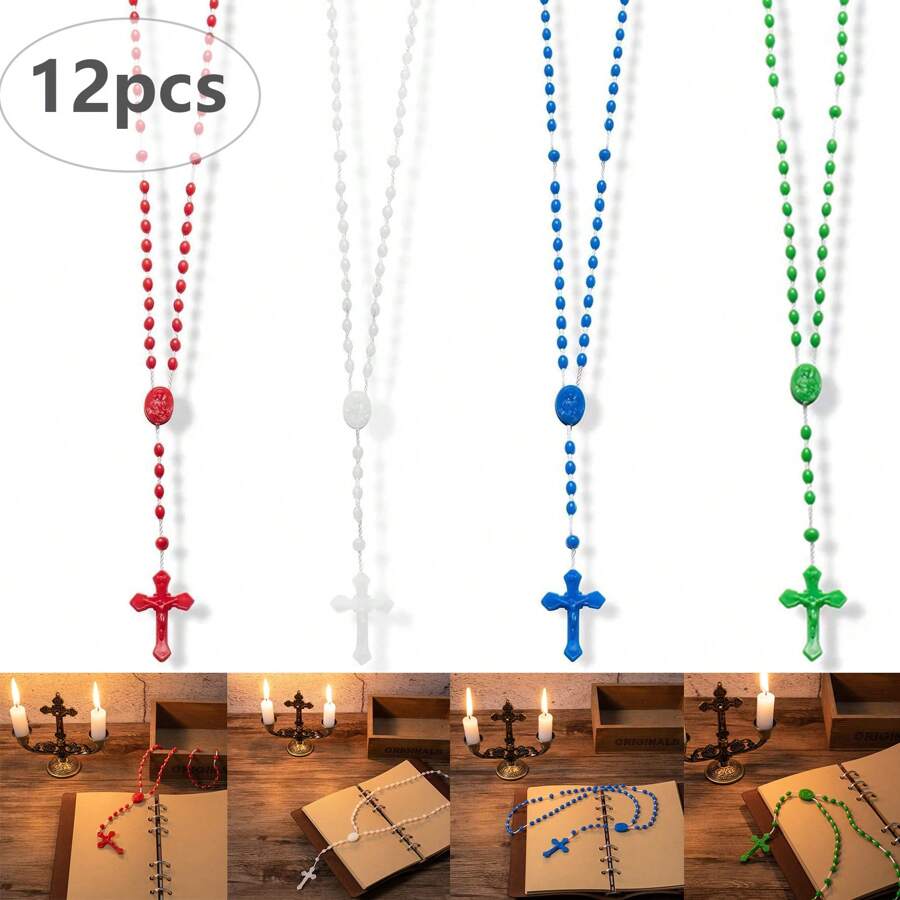 12 hạt nhựa hình thánh giá, hạt cầu nguyện số lượng lớn 17 inch, trang trí vòng cổ mặt dây chuyền hình thánh giá, thích hợp để cầu nguyện, quyên góp, trang trí treo nhà, quà tặng (4 màu) - 4 màu - Xem 1