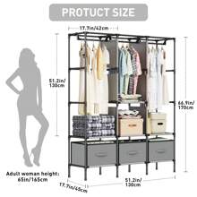 LOEFME Canvas Wardrobe Fabric Clothes Closet + Hanging Rail & 3 Storage Boxe Black/Grey - Grey - View 7