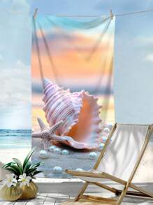 1pc Marine Life Sea Shell & Starfish Print Super-Absorbent Microfiber Beach Towel, Suitable For Swimming, Vacation, Outdoor, Travel, Bath Boy Valentine Heart Women's Valentine - Multicolor - View 2