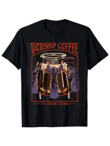 "Worship Coffee" Vintage Witch And Coffee Print - Men's 190gsm Cotton Short Sleeve T-Shirt - 黑色 - 查看 2