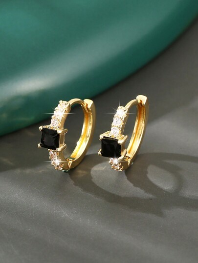 1 Pair Luxury Vintage Copper Zirconia Inlaid Black Round Hoop Earrings, Elegant & Sophisticated Women's Earrings, Party & Birthday Gift