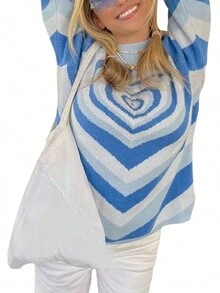 Women Love Heart Print Sweater, Long Sleeve O-neck Knitted Pullover for Autumn, Winter - Azul - Ver 2