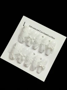 10 Pairs Of Handcrafted Wearable Arm Guards, Press-On False Nails, White Zigzag 3D Bows, Suitable For Women And Can Be Reused. Handmade Press On Nails - White - View 6