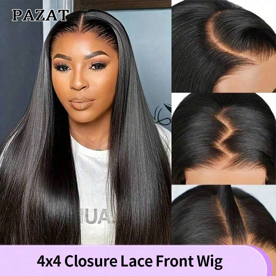 PAZAT 28 Inch Wigs Human Hair Pre Plucked Pre Cut For Beginners 4x4 5*5 HD Glueless Lace Closure Wigs Straight Lace Front Wigs Human Hair Pre Cut Wear And Go 180% Density13*4 13*6 Short Bob Wigs(6inch)