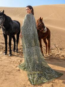 Luxurious Shimmering Beaded Sequin Maxi Cape Dress With Fish Tail Hem - Perfect For Weddings, Red Carpet Events, Desert Weddings, And Celebrity-Style Parties, Party Dress, Wedding Guest Dress, Formal Dress, Evening Dress,Gown