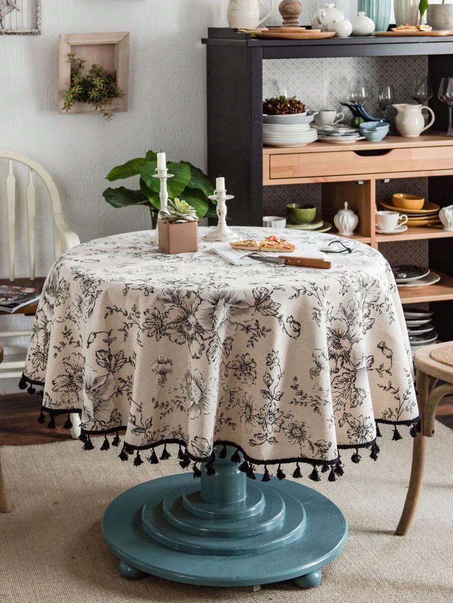 1pc Round Printed Tassel Linen Tablecloth, Suitable For Dining Room, Restaurant, Small Round Table Decoration, Home Decor, Banquet - Printing - View 1