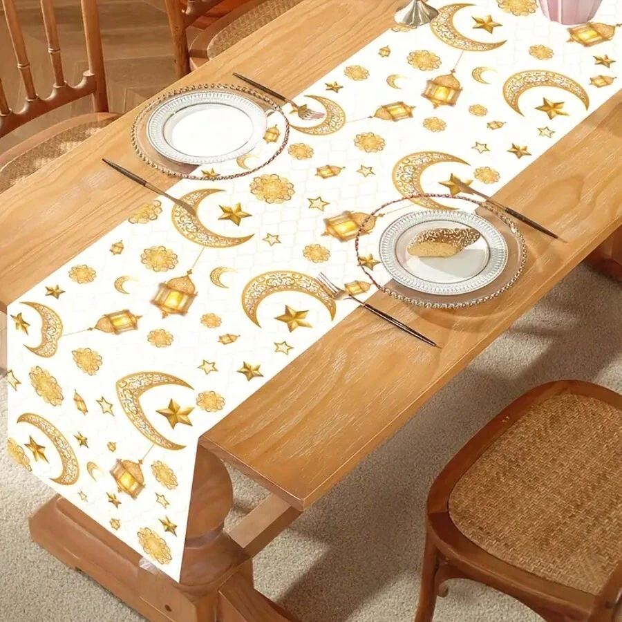 Elegant Eid Mubarak Table Runner - White & Golden Moon And Star Design, Perfect For Ramadan Decor - Gold - View 1