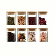4或8个方形玻璃罐配竹盖，适用于厨房和客厅，或其他房间，是密封零食、谷物和茶的储存容器。 - 透明280ml[11*6cm] - 查看 12