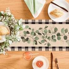 Minimalist Spring Eucalyptus Leaf Green Table Cloth, Black & White Buffalo Plaid Kitchen & Dining Table Decor, Green Botanical Summer Farmhouse Home Decoration, Party Supplies