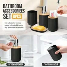 1pc Bamboo Covered Bathroom Accessory Set,8pcs Bathroom Accessories Set - Toothbrush Holder, Mouthwash Cup, Soap Dispenser, Soap Dish, Toilet Brush, Trash Can, Shower Curtain And Hook For Bathroom Supplies, Bath Set Housewarming Gift - Black - View 5
