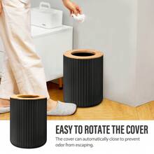 1pc Bamboo Covered Bathroom Accessory Set,8pcs Bathroom Accessories Set - Toothbrush Holder, Mouthwash Cup, Soap Dispenser, Soap Dish, Toilet Brush, Trash Can, Shower Curtain And Hook For Bathroom Supplies, Bath Set Housewarming Gift - Black - View 7