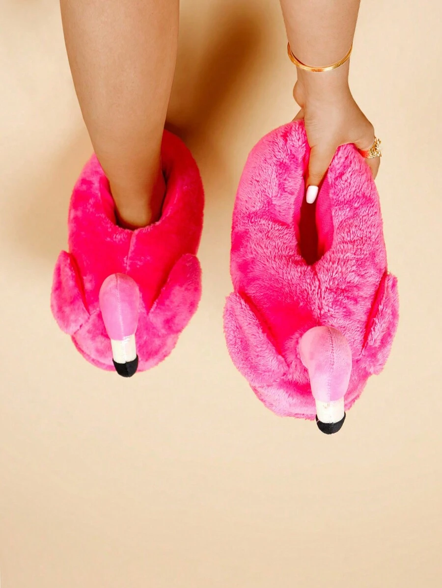 Fall/Winter Funny Flamingo Pattern Slippers, Creative Unique Personalized, Silent Slip-Resistant Couple Slippers, One Size Fits All,Furry Shoes,Christmas - Hot Pink - View 1