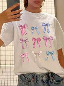 Teenage Girls' Bow Print Short Sleeve T-Shirt, Teenage Girls' Summer Round Neck Top - White - View 7