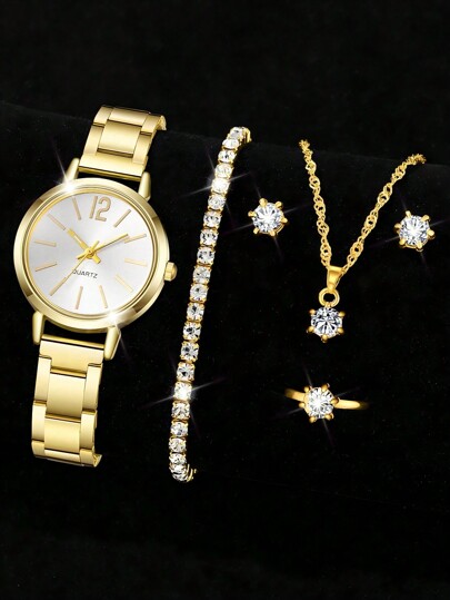 JasonRolls 6 Pieces/Set, Women's Watch, Minimalist And Fashionable Quartz Watch, Alloy Material Watch And Rhinestone Jewelry Set, Necklace, Earrings, Ring, Bracelet Watch Accessory Set, Gift For Her