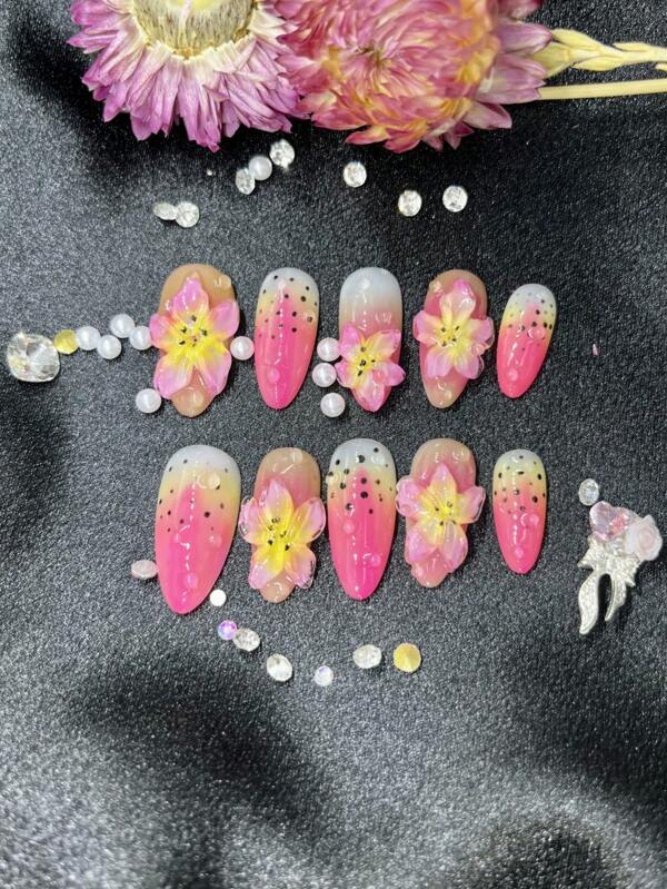 10 piezas Uñas postizas cortas hechas a mano para fiestas y uso diario, en varios colores, con hermosas flores tropicales, lirios, para niñas, fáciles de usar'} {'translate_es':'10 piezas Uñas postizas hechas a mano estilo Y2K, con gemas artificiales brillantes, para primavera y verano, adecuadas para niñas y mujeres en festivales, fiestas y uso diario (Nota: El color de los accesorios es aleatorio)