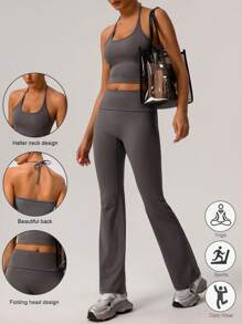 Sodalemon Spring And Summer 2 Pcs Set Women Fitness Dance Y2K Foldover Waist Flare Yoga Sports Pants Halter Padded Tank Top Sport Set