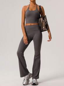 Sodalemon Spring And Summer 2 Pcs Set Women Fitness Dance Y2K Foldover Waist Flare Yoga Sports Pants Halter Padded Tank Top Sport Set