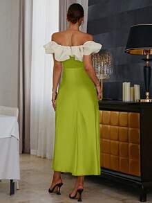 Women's Contrast Color Off Shoulder Waist Cinched Elegant French Style Dress, Wedding Guest Outfit - Green - View 4