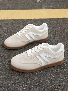 נשים פלוס מידה 35-43, נעלי סניקרס שטוחות עם שרוכים, נעלי ספורט לסטודנטים, נעלי אימון פנימיות רב תכליתיות - בז' - ראה 6