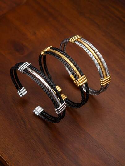 1pc Stainless Steel Cable Open Cuff Bracelet For Men, Minimalist Design Personalized Accessory, Suitable For Daily Wear Or Gift For Boyfriend