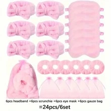 24 Stück Spa Übernachtungsparty Zubehör - 6 rosa Spa Stirnbänder, 6 rosa Plüsch-Schlafmasken, 6 rosa Samt-Haarbänder, 6 Organza Schlafanzug Party Tüten, Spa Party Geschenke