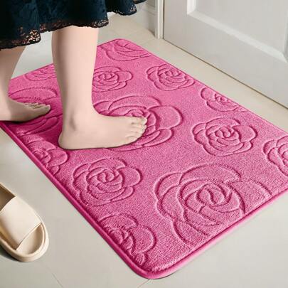 1pc Flannel Rose Pattern Embossed Floor Mat, Suitable For Daily Household Floor Mat, Valentine's Day Decor Home Bathroom Decor Bath Rug Floor Carpet Outdoor Rug Door Mat Fall Decor Bathroom Accessories Back To School Entryway Decor