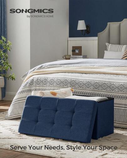  SONGMICS MAZIE Collection - Storage Ottoman Bench, 76 Cm Folding Foot Rest Stool, End Of Bed Bench, Easy Assembly, For Living Room, Bedroom, Entryway, Dark Blue