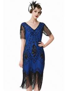 BABEYOND 1920s Art Deco Fringed Sequin Dress Roaring 20s Flapper Fancy Dress - 藏蓝色 - 查看 1
