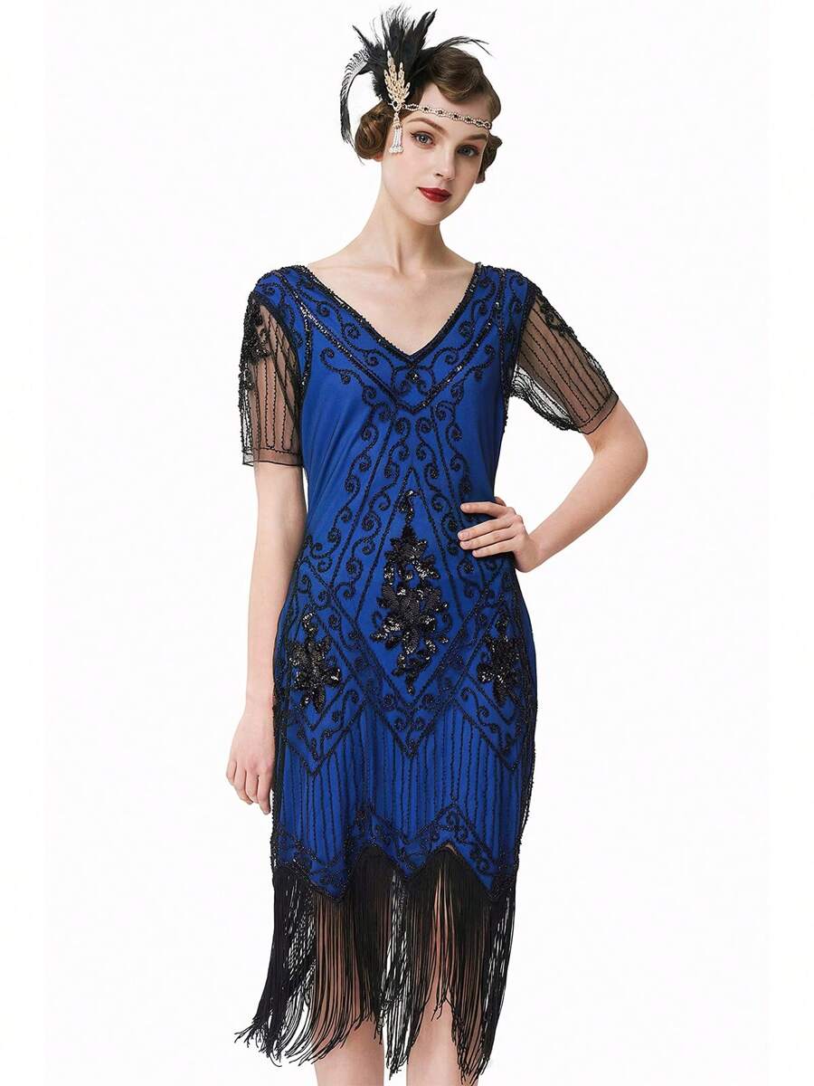BABEYOND 1920s Art Deco Fringed Sequin Dress Roaring 20s Flapper Fancy Dress - 藏蓝色 - 查看 1