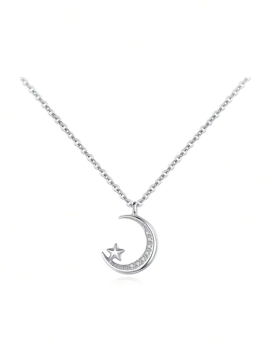 1件装时尚925纯银月亮星星吊坠项链，女士完美节日或周年纪念礼物 - 銀色 - 查看 1