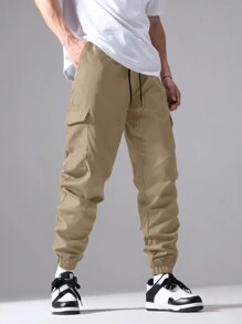 Pantalones casuales de unicolor con bolsillo, cordón y lazo delantero para hombres de talla grande - Camel - Ver 5