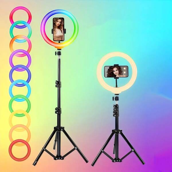 1/2 Set(s) Aro de luz LED de 10 pulgadas con alimentación USB, material de hierro, 38 modos de color, regulación continua de brillo, trípode ajustable, soporte para teléfono y varilla de extensión para transmisión en vivo, maquillaje, fotografía