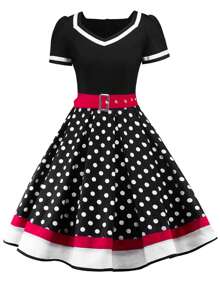 Women's Retro Black And White Polka Dot Midi Dress With Elegant V Neck Short Sleeves And Flared A Line Skirt - 黑色 - 查看 9