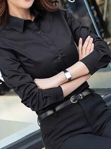 Camisa formal negra para mujer, blusa de manga larga para el trabajo, atuendo de oficina, vestimenta de negocios, nueva colección primavera/otoño 2025 - Negro - Ver 3