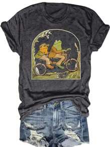 Vibrant Cartoon Frog Print Crew Neck T-Shirt - Soft Micro Elasticity Polyester Fabric, Regular Length, Casual Short Sleeve Top For Spring & Summer, Womens Fashion Clothing With Positioning Printing - 深灰色 - 查看 1