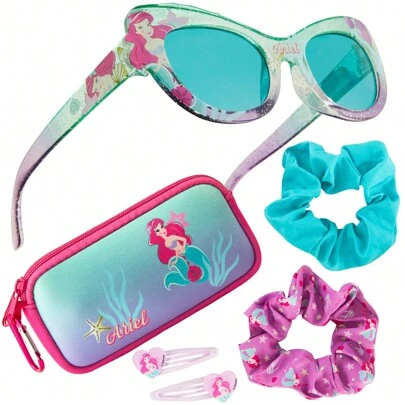 Disney Little Mermaid Ariel Set Sunglasses UV Protection Case 2 Scrunchies Hair Clips Accessories Set Gift