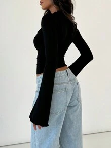 Women's Lace Trim Tops Long Sleeve Deep V Neck Slim Fit Button Down Shirts Dressy Blouses - 黑色 - 查看 6