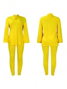 Women's Plus Size Tracksuits Outfits Solid Color V-Neck Long Sleeve Slit Hem Tops With Leggings 2 Pcs Set - Yellow - View 3