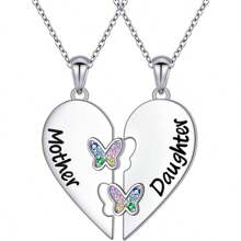 2pcs/Set Heart-Shaped Butterfly Pattern Gemstone Inlay Pendant Necklace, Fashion Mother's Day Jewelry Gift Valentines,Mom,Mother,Mother's Day,Gift