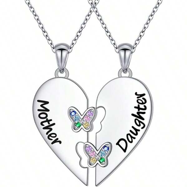 2pcs/Set Heart-Shaped Butterfly Pattern Gemstone Inlay Pendant Necklace, Fashion Mother's Day Jewelry Gift Valentines,Mom,Mother,Mother's Day,Gift