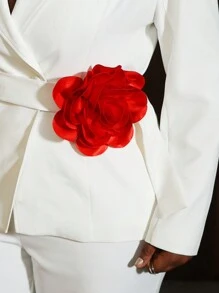 女士白色西装外套配衬里红色 3D 花朵腰带女士办公室优雅工作服上衣长袖节日派对
